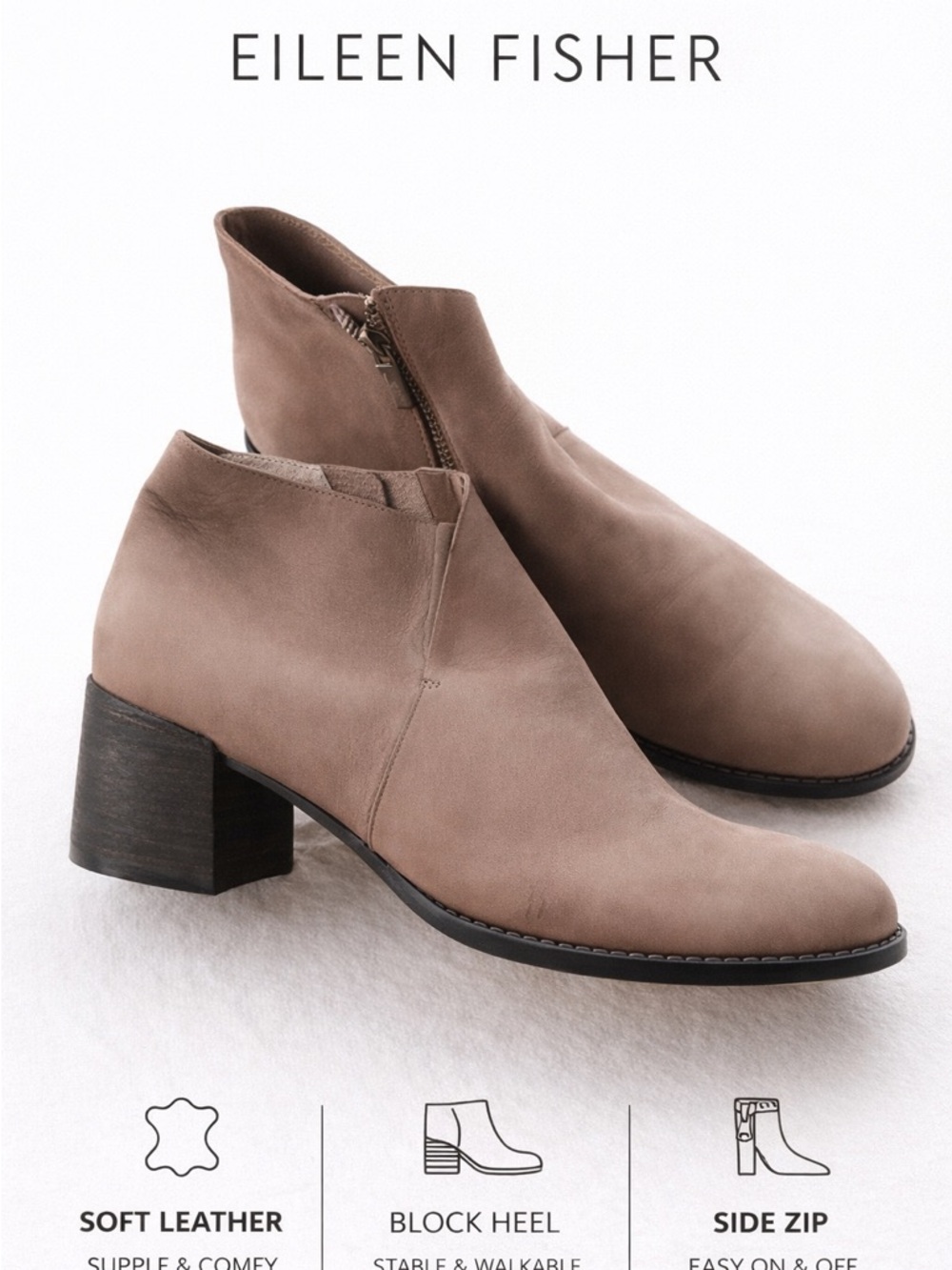Eileen Fisher Leather Ankle Booties Taupe Block Heel Zip Size 8